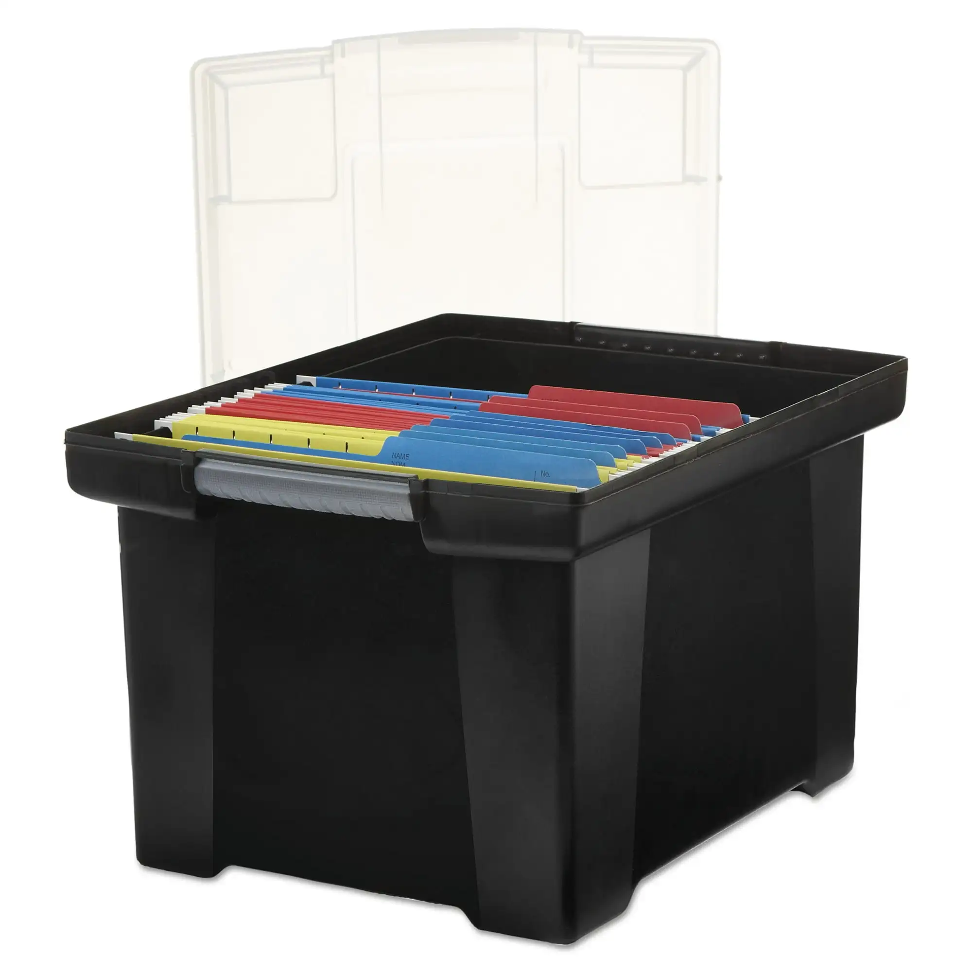 

Storex Plastic File Tote Storage Box, Letter / Legal, Snap - On Lid, Black