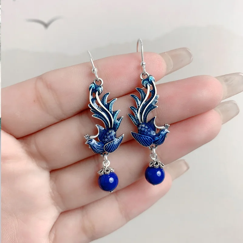 Fashion Chinoiserie Chinese Style Enamel Craft Blue Phoenix Alloy Lazurite Bead Hook Earring for Women Party Hanfu Cheongsam