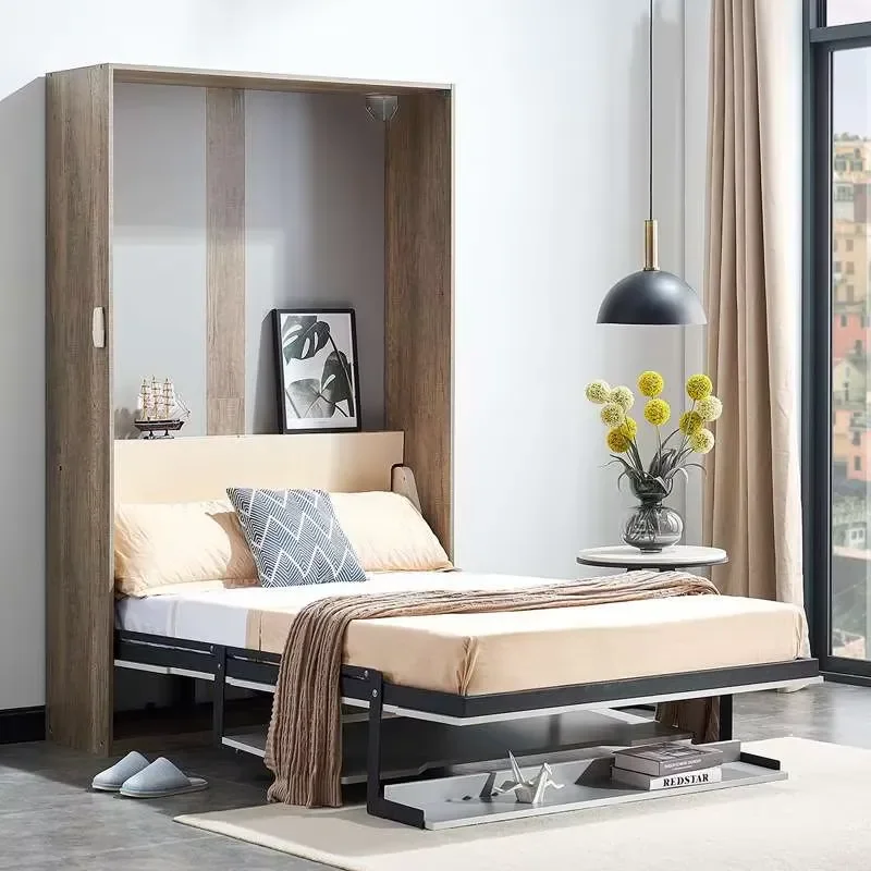 Modern Folding Wood Computer Desk & Invisible Steel Frame Murphy Wall Bed Multifunctional for Small Spaces