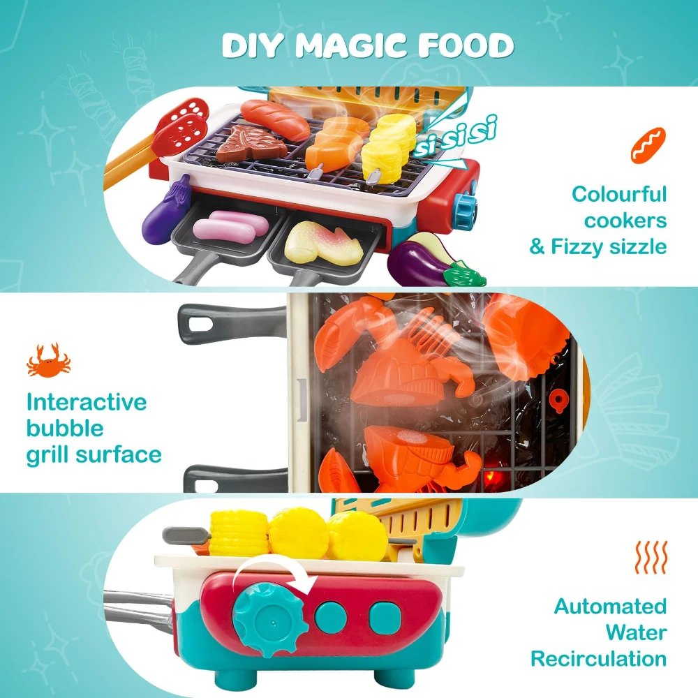 WizKidz BBQ Grill Simulation Grill Toy with Color Changing Accessories Sound Light Steam for Kids 3-8 Fun Cooking Simulator Kit