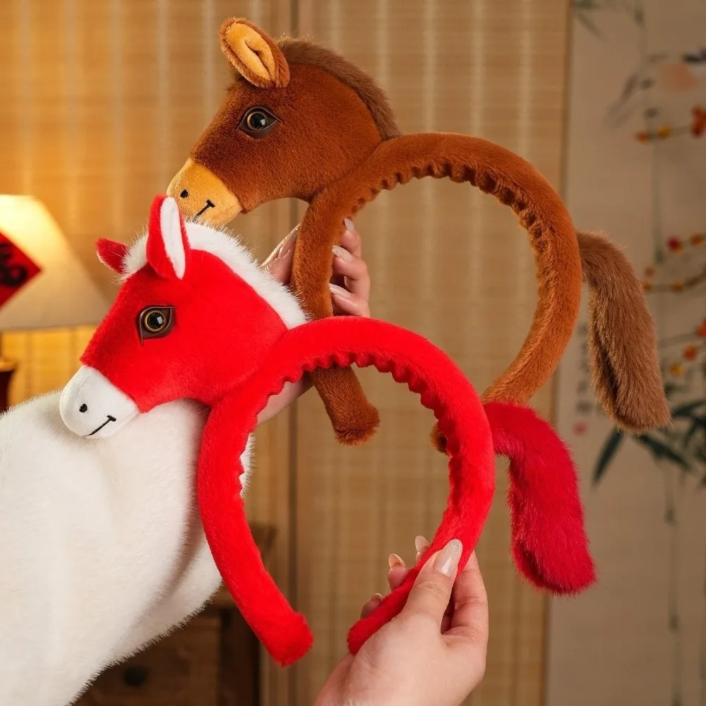 

Unisex Sweet Mascot Plush Headband Soft Plush Horse Hair Hoop Cartoon New Year Pony Doll Headpiece Home