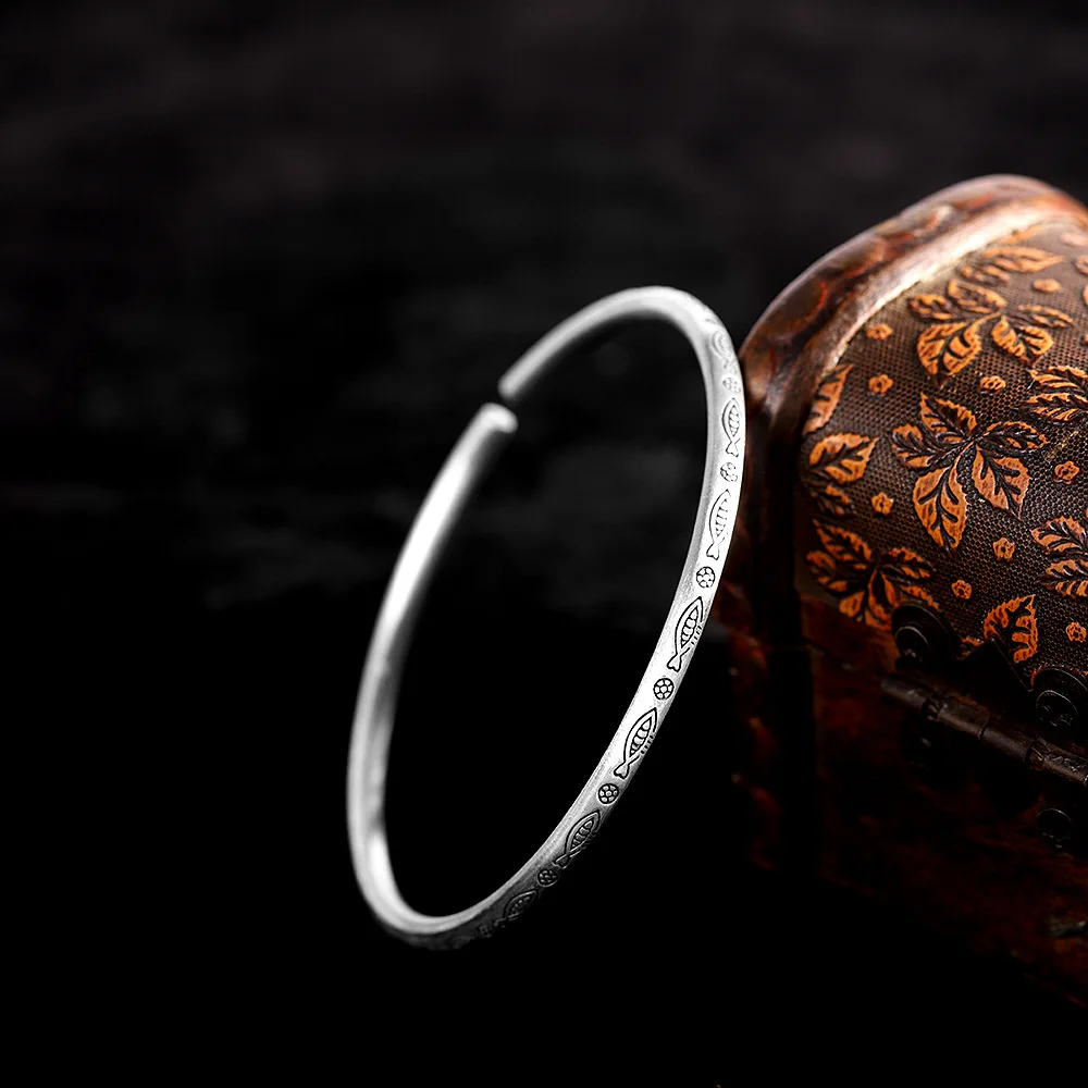 

Uglyless Real S 999 Silver Women Fine Jewelry Handmade Engraved Totem Patterns Fish Bangles Vintage Thin Bangle Ethnic Bijoux