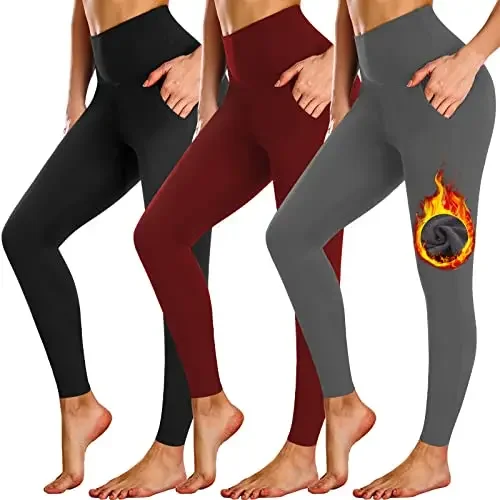 

Thermal Fleece Lined Leggings with Pockets, Women High Waisted Tummy Control, Workout Yoga Keep Warm Pants