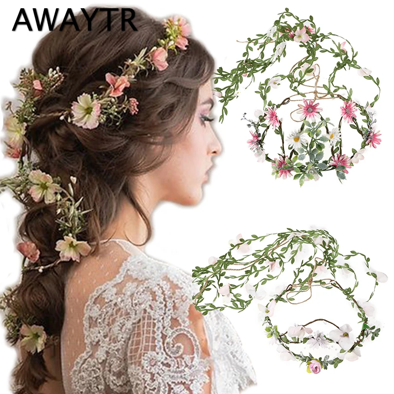 AWAYTR Women Girls Vine Flower Headband Bride Flower Crown Hairband Hair Accessories Wedding Party Spring New Wreath Headwear