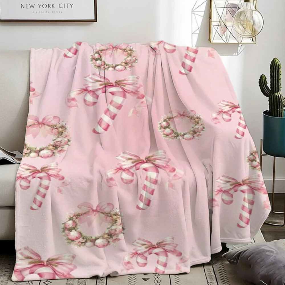 Wreath Blanket Fleece Christmas Candy Cane Soft Flannel Cozy Warm Blankets For Sofa Bed Pink Bowknot Sweet Ribbon Decor