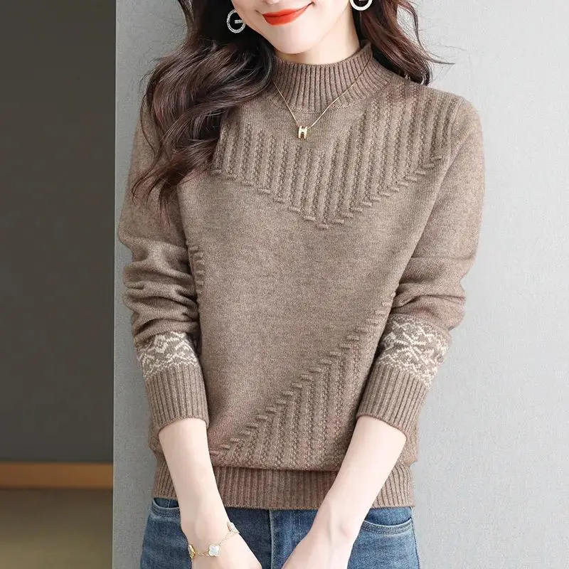 Half High Collar Screw Thread Lantern Long Sleeve Autumn Winter Women\'s Clothing Pullover Sweater Knitted Flattering Tops