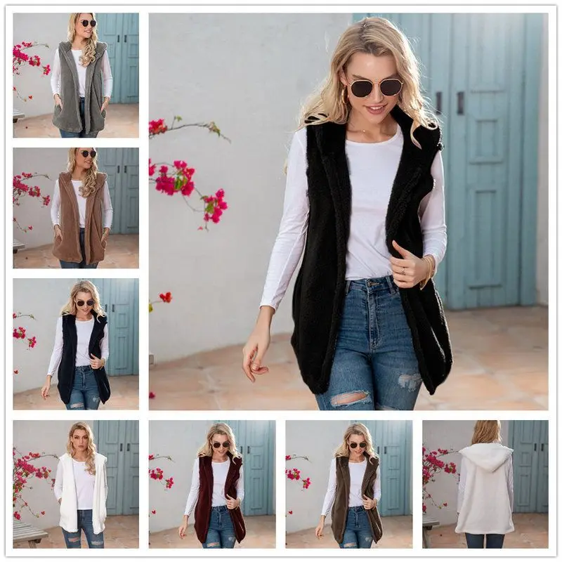 

Pure Color Furry Vest Autumn Winter Women's Faion New Arrival Mid-Length Hooded Jaet Commute Sle Wool Blend Polyester