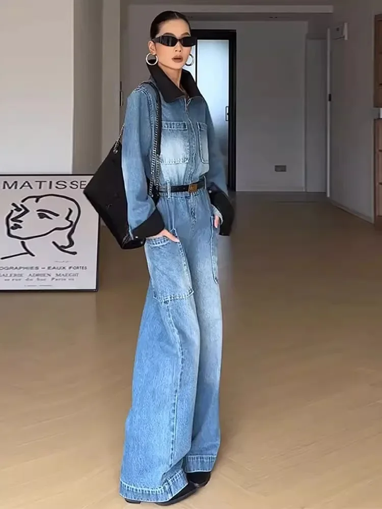 Jumpsuit Denim Pakaian Kerja Kerah Polo Retro Celana Kaki Lebar Pinggang Tinggi Diblokir Warna Musim Semi dan Musim Gugur Wanita