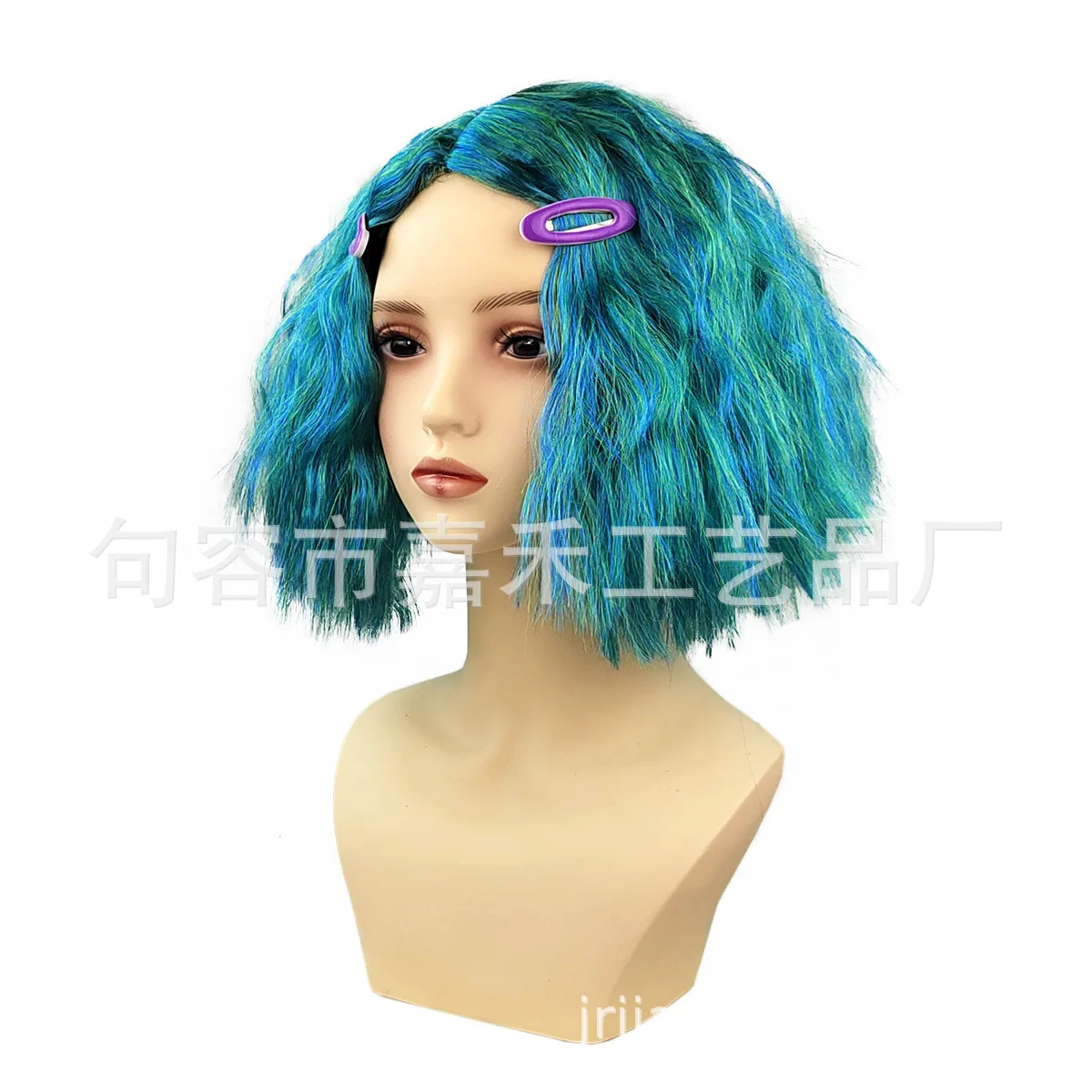 Disney Inside Out 2 Envy Wig Short Blue Curly Heat Hairpiece Masquerade Cosplay Headgear Head Cover Wig Cap with Water Drop Clip