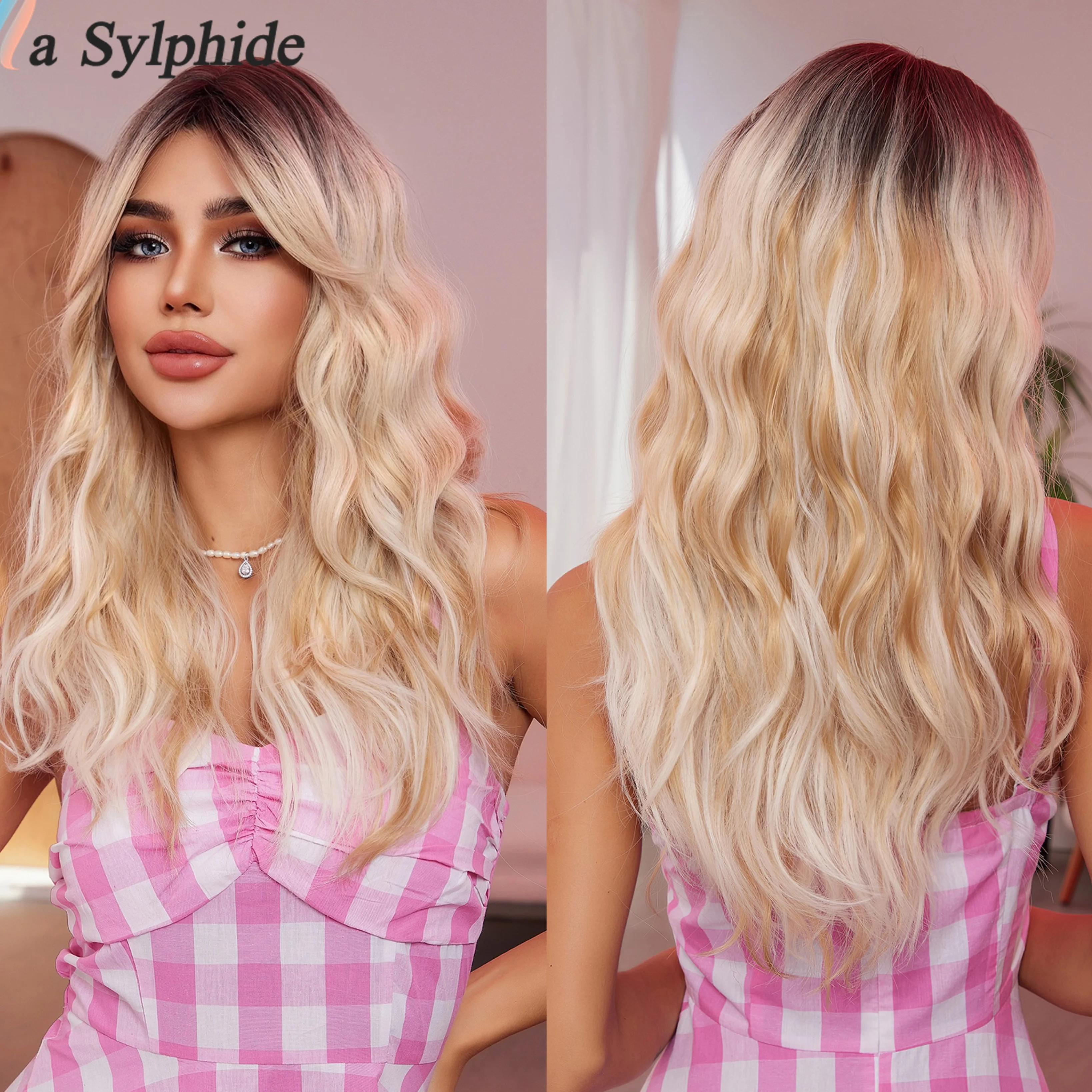 

Long Ombre Blonde Wigs for Women Synthetic Wigs with Bangs Natural Water Wave Silky Wigs Daily Party High Temperature Fiber