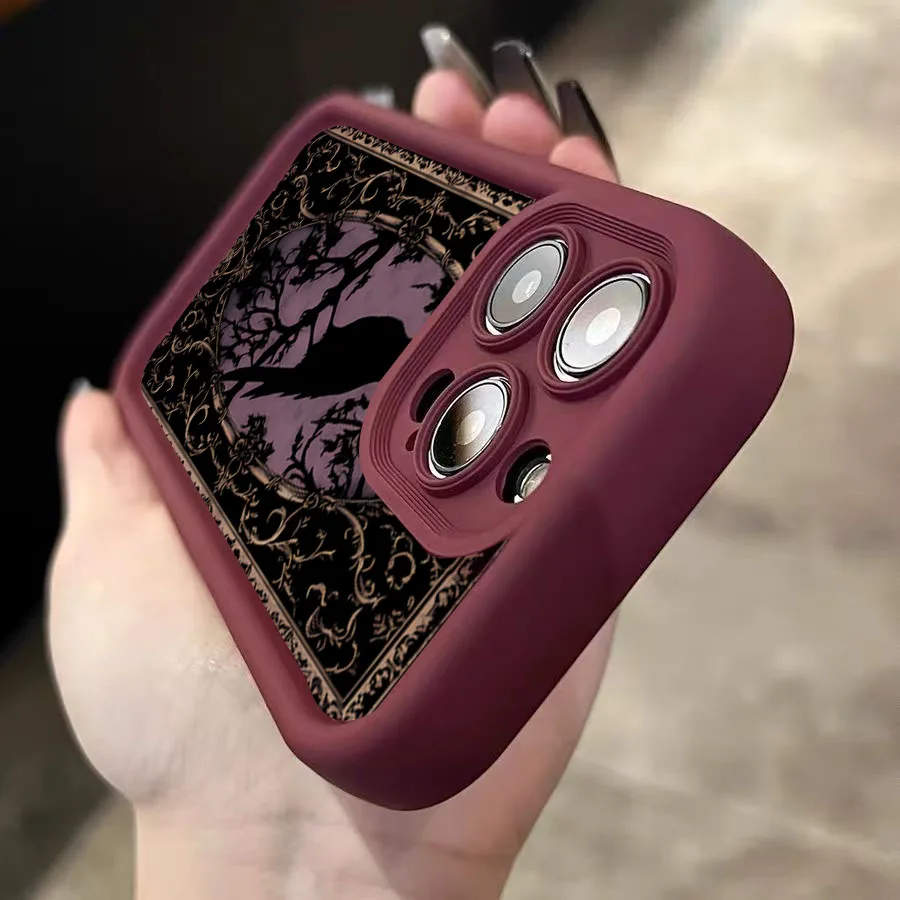 Aesthetic Black Crow Pattern Wine Red Phone Case for iPhone 16 E15 14 13 12 11 Pro Max Mini XS X XR 7 8 Plus Shockproof Cover - view 3