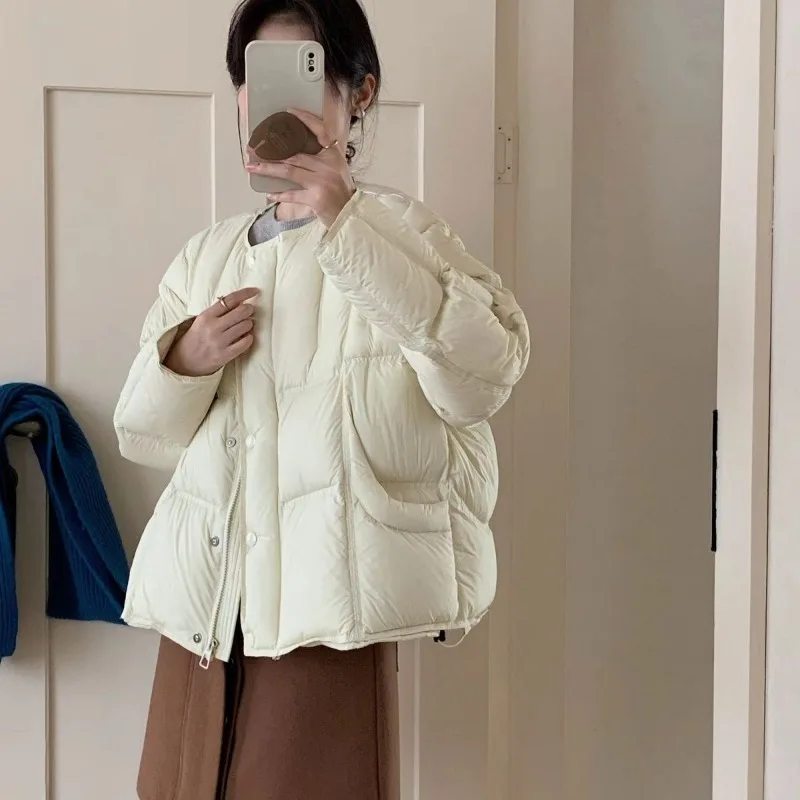 Abrigos de plumón de pato blanco cálido para Mujer, chaqueta acolchada acolchada, abrigo corto grueso y versátil con cuello redondo, tendencia de otoño e invierno