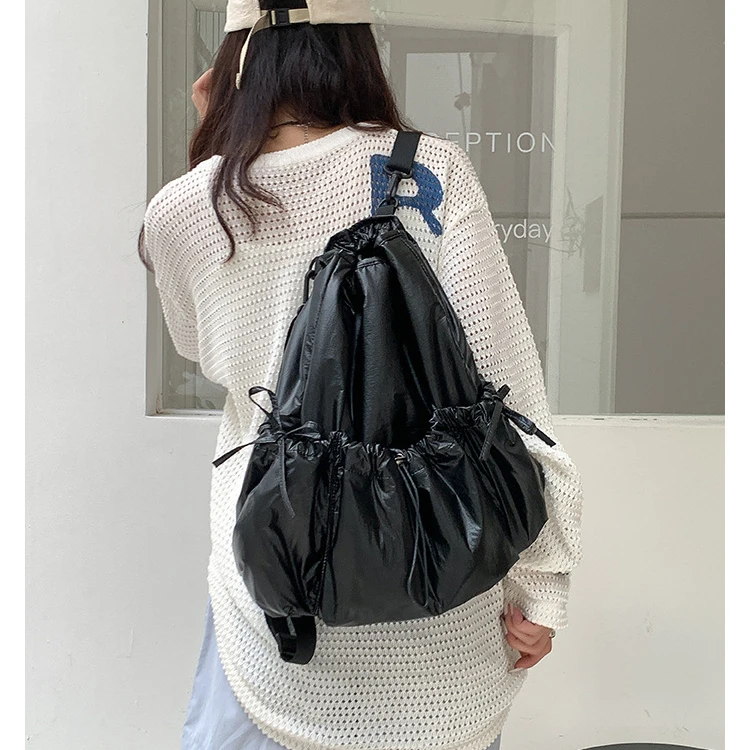 Mochila de Nylon Ruched Korean Bowknot Drawstring para Mulheres, Mochilas escolares para meninas, Design de nicho, Summer Beach Travel