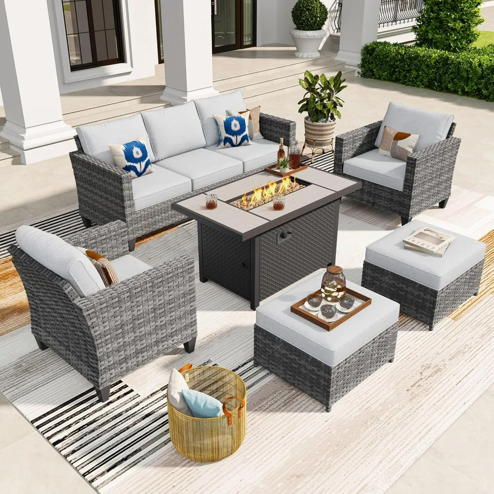 6 Pcs Patio Furniture Set with Fire Pit Table, Outdoor Wicker 3-Seat Sofa with Comfy Cushion, High Back Rattan Conversation Set