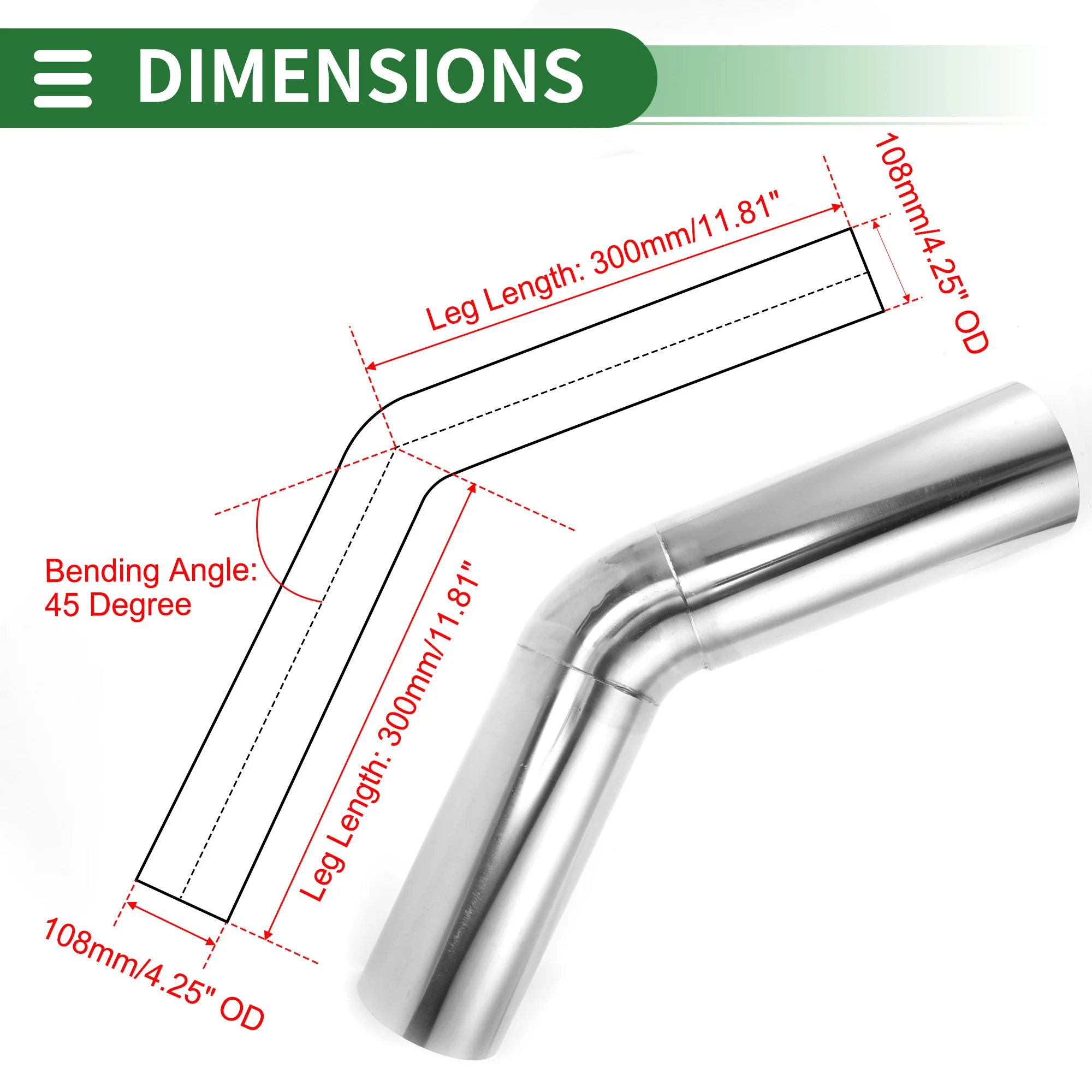 X Autohaux 45 Degree Mandrel Exhaust Pipe DIY Custom Car Modified Exhaust Pipe Tubing 108mm OD 300mm 304 Stainless Steel Tube