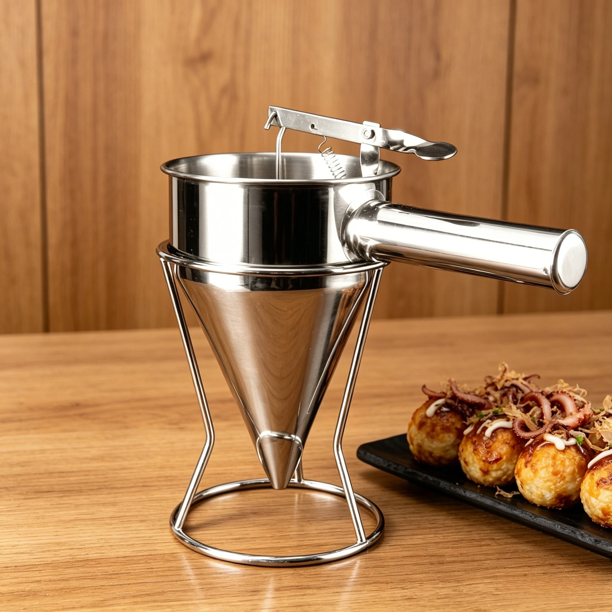 Takoyaki Oil Funnel Set Stainless Steel Conical Dispenser with Stand for Octopus Balls Fish Balls DIY Kitchen Tool