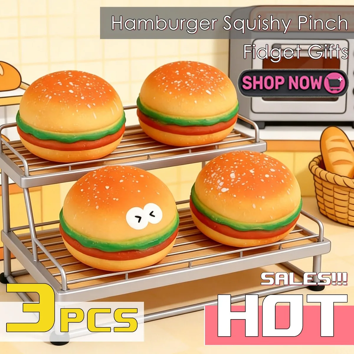 3-teiliges Simulations-Burger-Quetschspielzeug, sensorisches Squishy-Drückspielzeug zur Stresslinderung, Entspannungsspielzeug für Reisen, Partybedarf, Geschenke