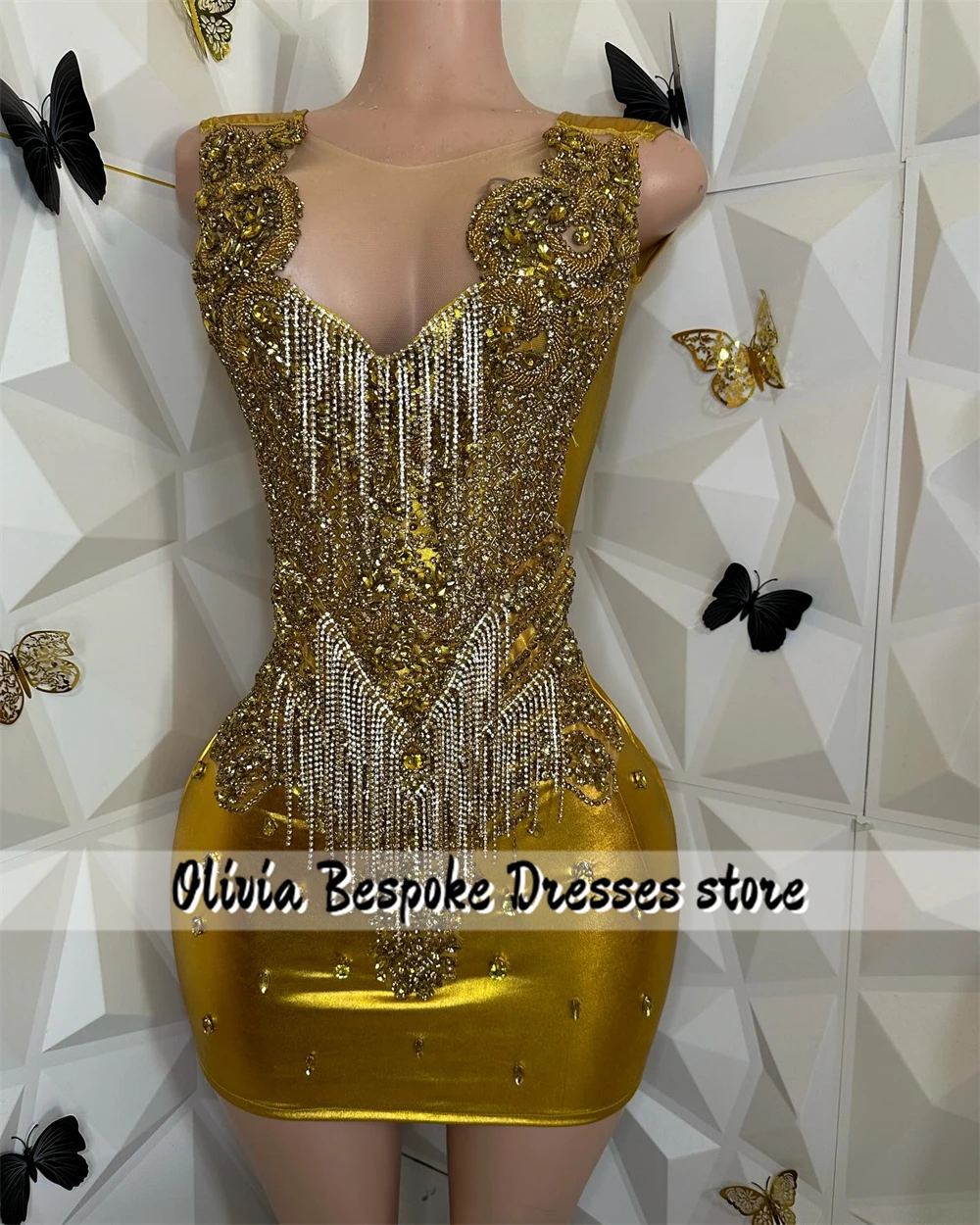 Fancy Gold Luxury Prom Dresses 2024 Beaded Rhinestones Tassels Homecoming Dress Black Girls Mini Cocktail Birthday Customized