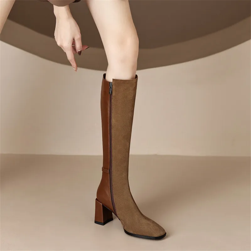 Knee-High Boots Women Autumn Winter Shoes Cow Suede Square Toe Women Boots Chunky Heel Boots for Women High Heel Knight Boots