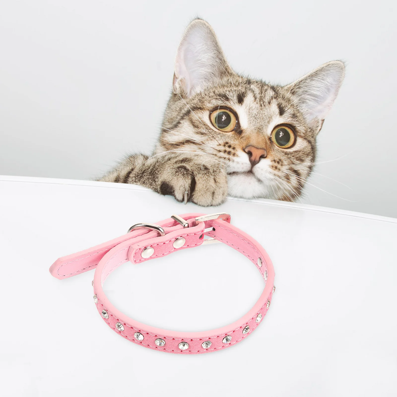 

Pet Collar Adjustable Pink Size S Safety PU Material Crystal Rhinestones Alloy Buckle D-Ring Dog Cat Puppy