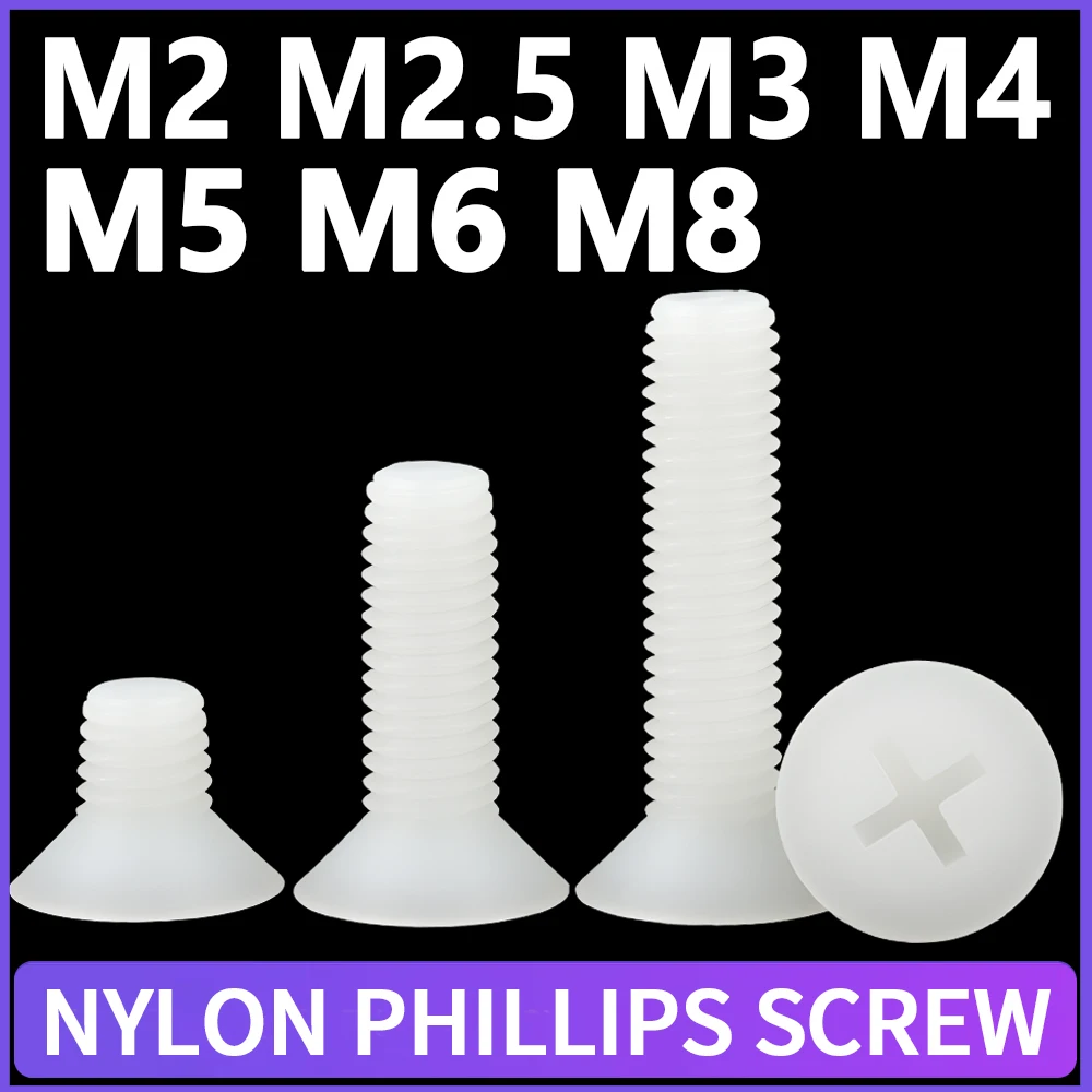 Image of M2 M2,5 M3 M4 M5 M6 M8 Weiße Nylon-Phillips-Senkkopfschrauben Kunststoff-Phillips-Kopfschrauben Schraubenlänge: 4~50 mm 20~300 Stück
