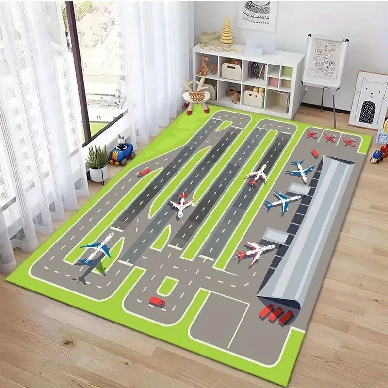 Kids Play Mat Area Rugs Airport Landing Strips Top View Aircraft and Airplane Arrival 3D Rug Kids Bedroom Playroom Nursery Decor