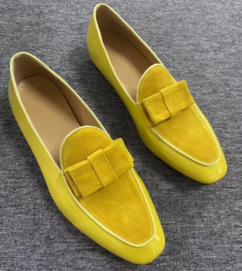 New Yellow Patent Leather Shoes Fashion Bowtie Loafer Men Dress Shoes Handmade Slip On Men's Casual Shoes Party And Prom Shoes