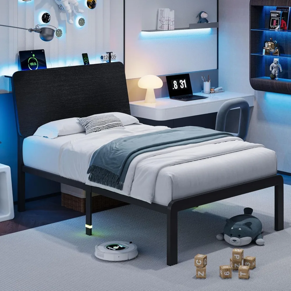 

Metal Twin Bed with Ergonomic Wooden Headboard, Platform Beds with LED Lights and Charging Station, Sturdy Steel Slats