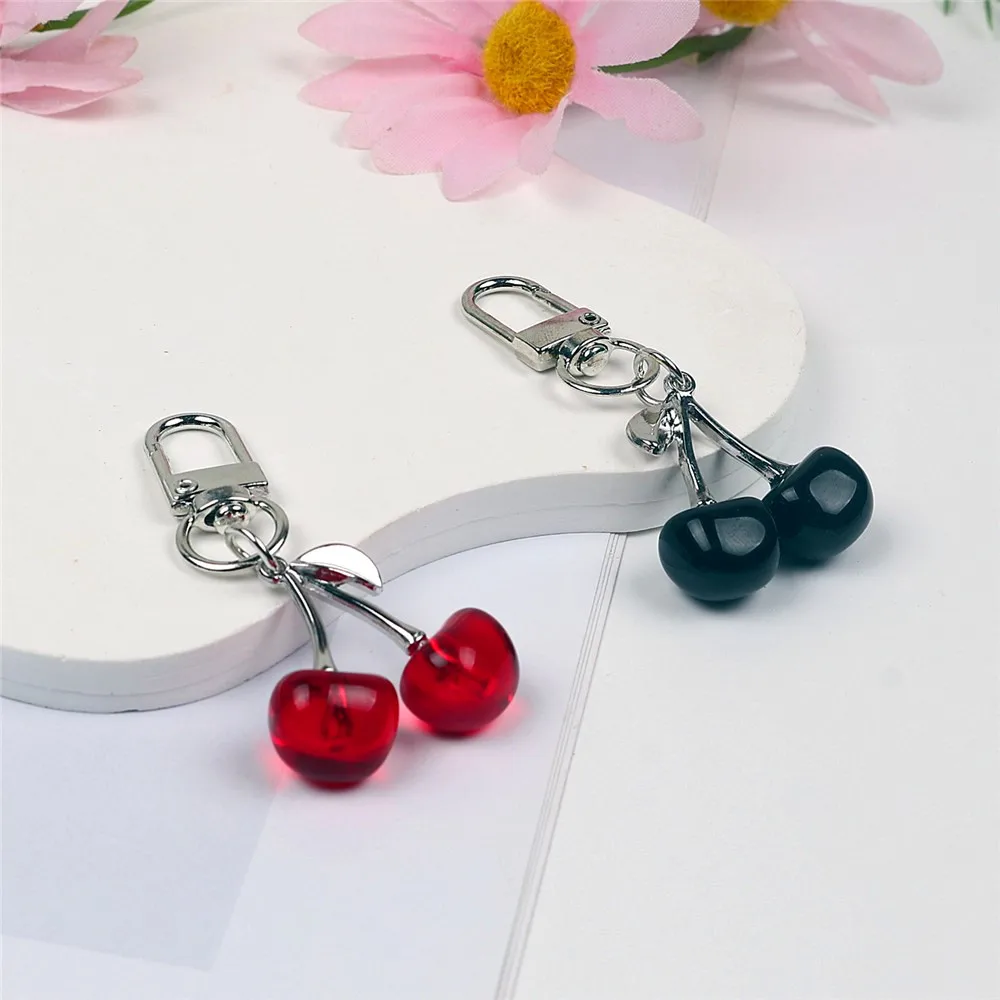 Creative Cherry Keychain for Women Resin Fruit Bag Pendant Pearl Bow Silver Heart Key Ring Backpack Car Ornament Girls Gift