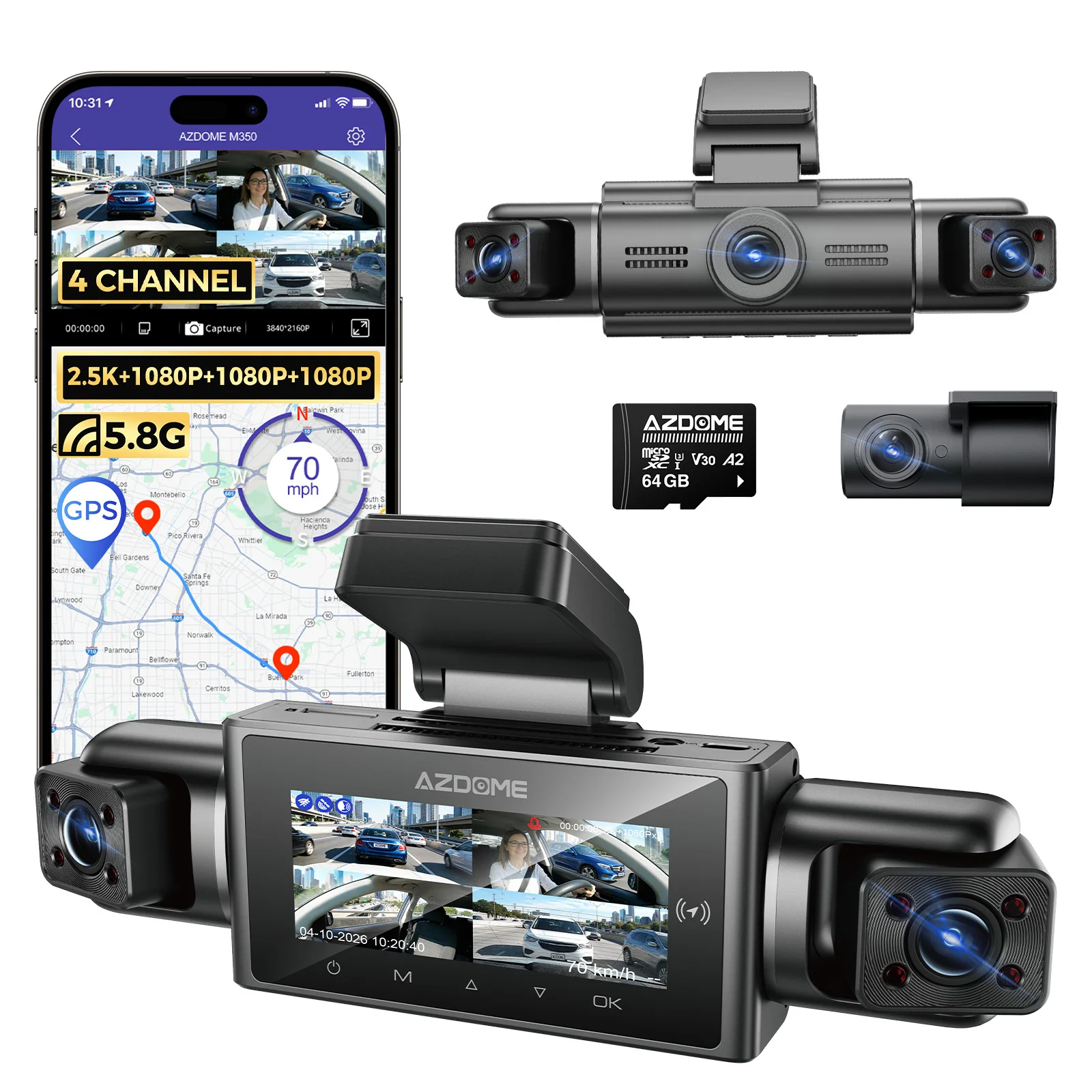 AZDOME M350 4-Channel Dash Cam 2.5K+1080P*3 Supercapacitor Car DVR 4 IR Night Vision 24H Parking Monitor Built-in GPS with Find My 5.8GHz WiFi Voice Control