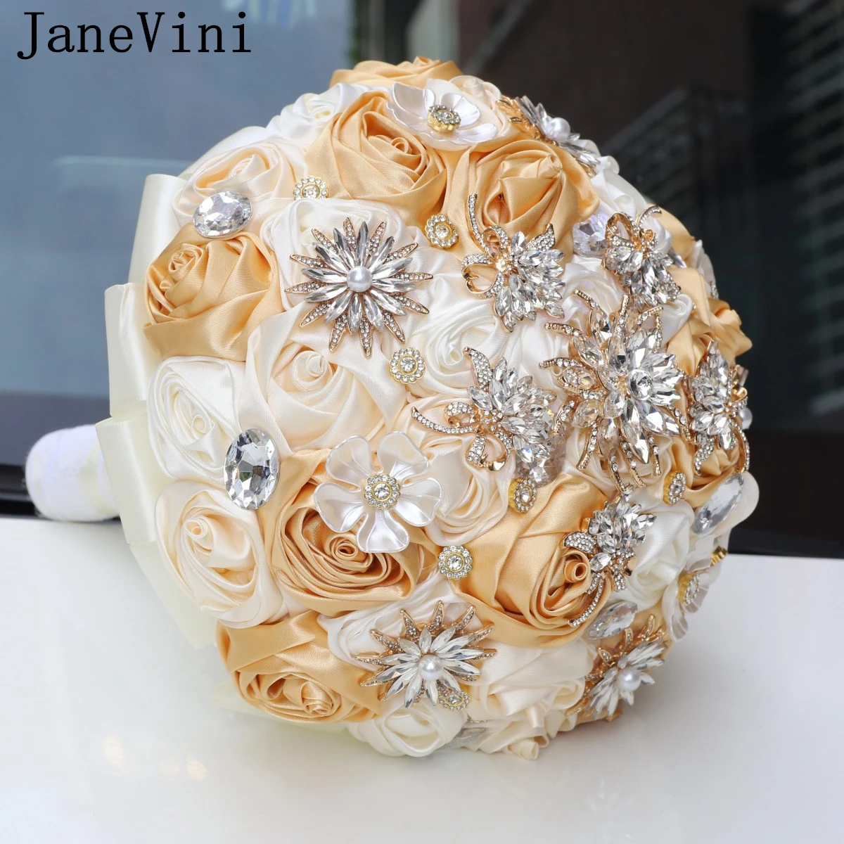 

JaneVini Luxury Designer Wedding Bouquet Flowers for Bride Champagne Rhinestone Beaded Bridal Bridesmaid Bouquet Strauß Hochzeit