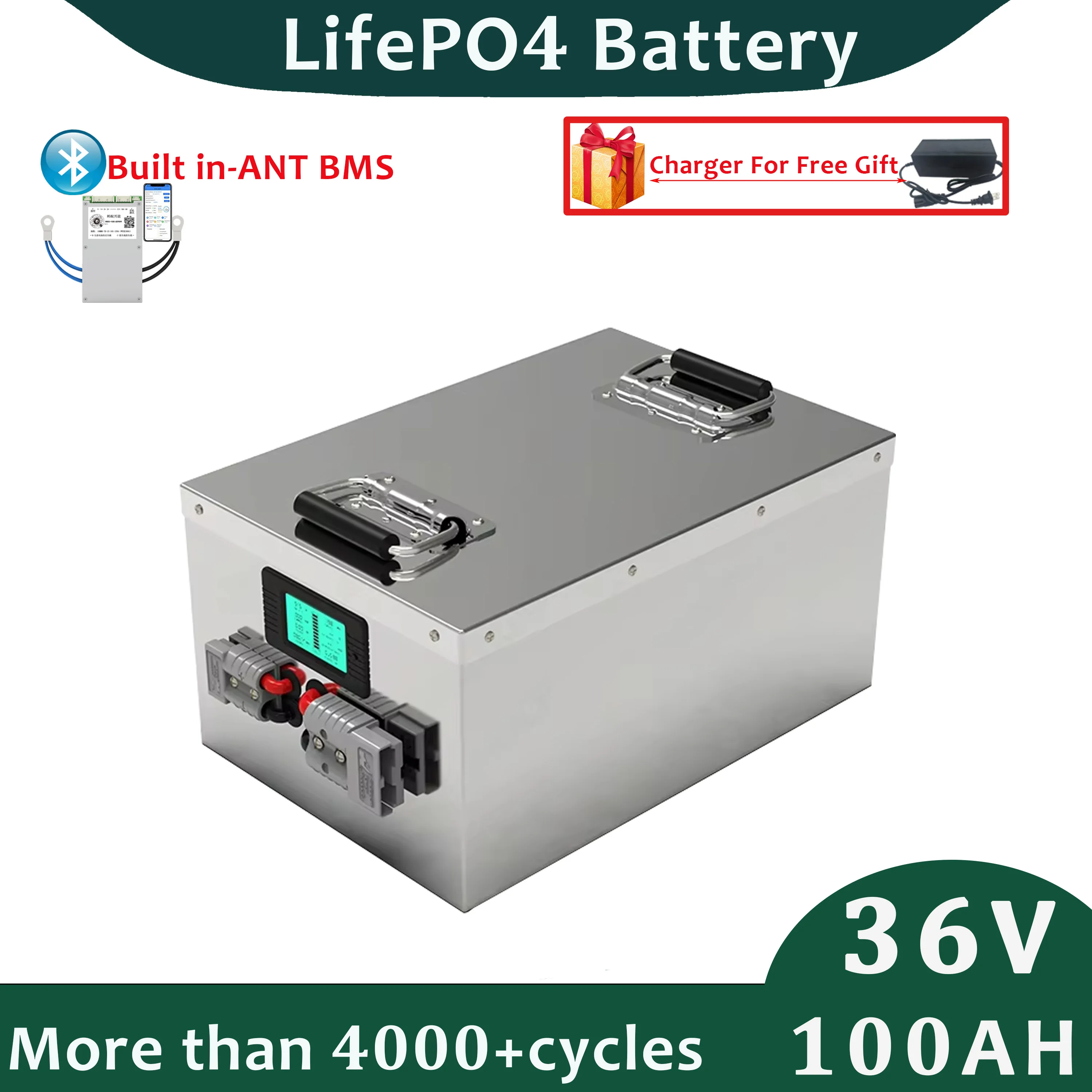 

LifePO4 Battery 36V 100Ah ANT Smart BMS Lithium Iron Phosphate Battery Pack for Solar Storage RV +20A Charger