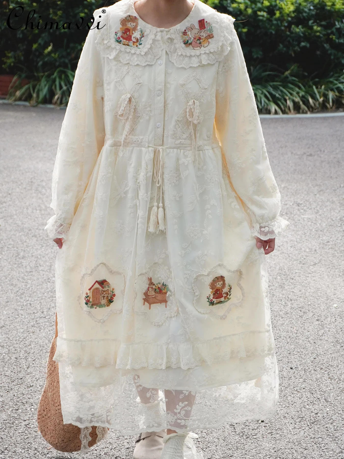 

Winter Forest Style Girl Pastoral Flower Embroidery Doll Collar Dress Fashion Fleece-Lined Thickened Elegant Women's Long Dress