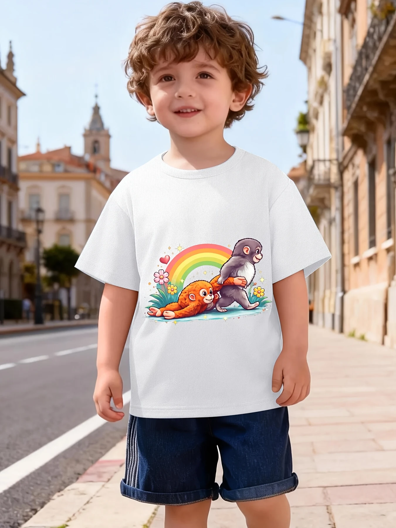 Boys Girls Family Matching Tee Cartoon Monkey Rainbow Nature Art Print Short Sleeve Soft Cotton Kids Daily Outdoor Outfit