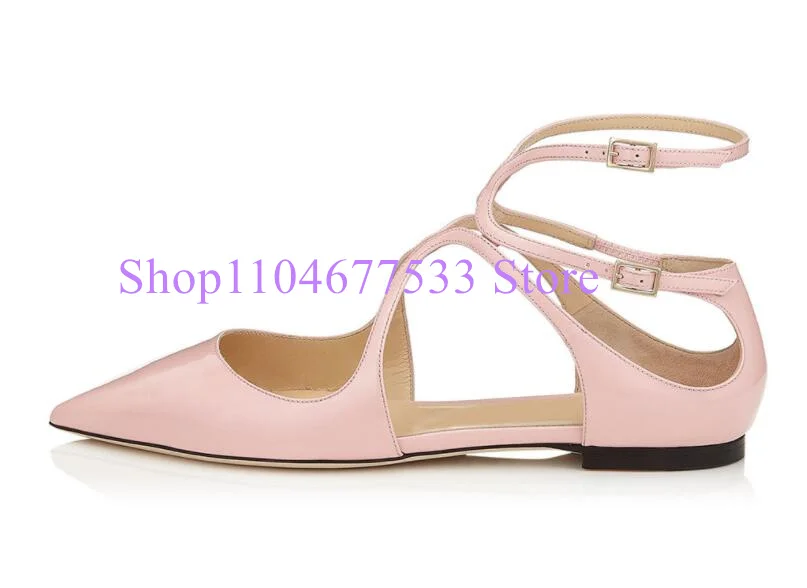 

Pink Color Cross Strap Lady Flat Shoes Sexy Pointed Toe Woman Leather Casual Shoes Female Fashion Large Size Single Shoes