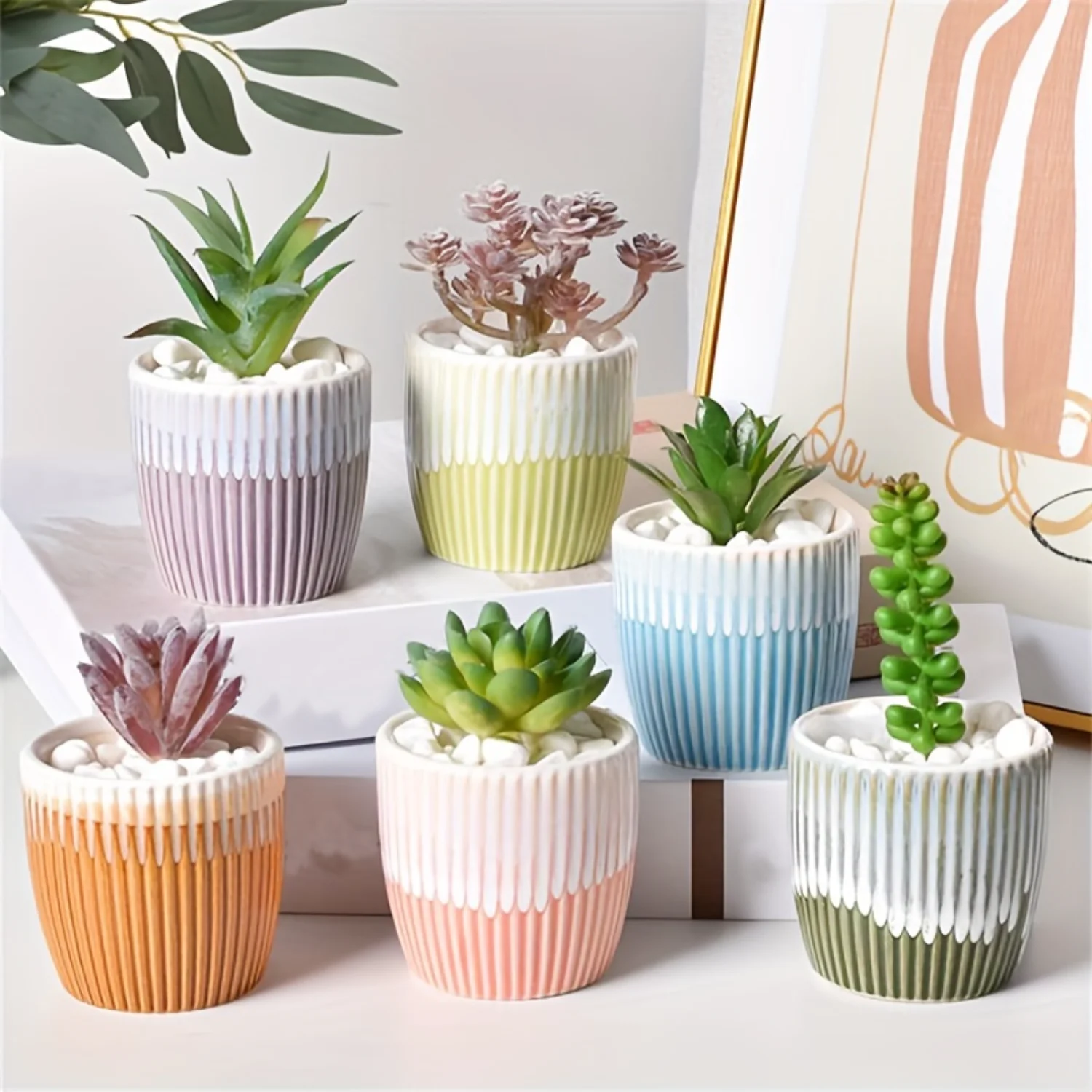 6-Piece Colorful Ceramic Succulent Pots Set with Drainage Holes - Rustic Thumb Planters for Indoor Plants - Ideal Planter Pots f