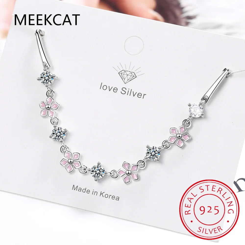 925 Sterling Silver Moissanite Gemstone Bracelet for Women Lab Diamond Pink Enamel Sakura Bracelet for Engagement Party Gift