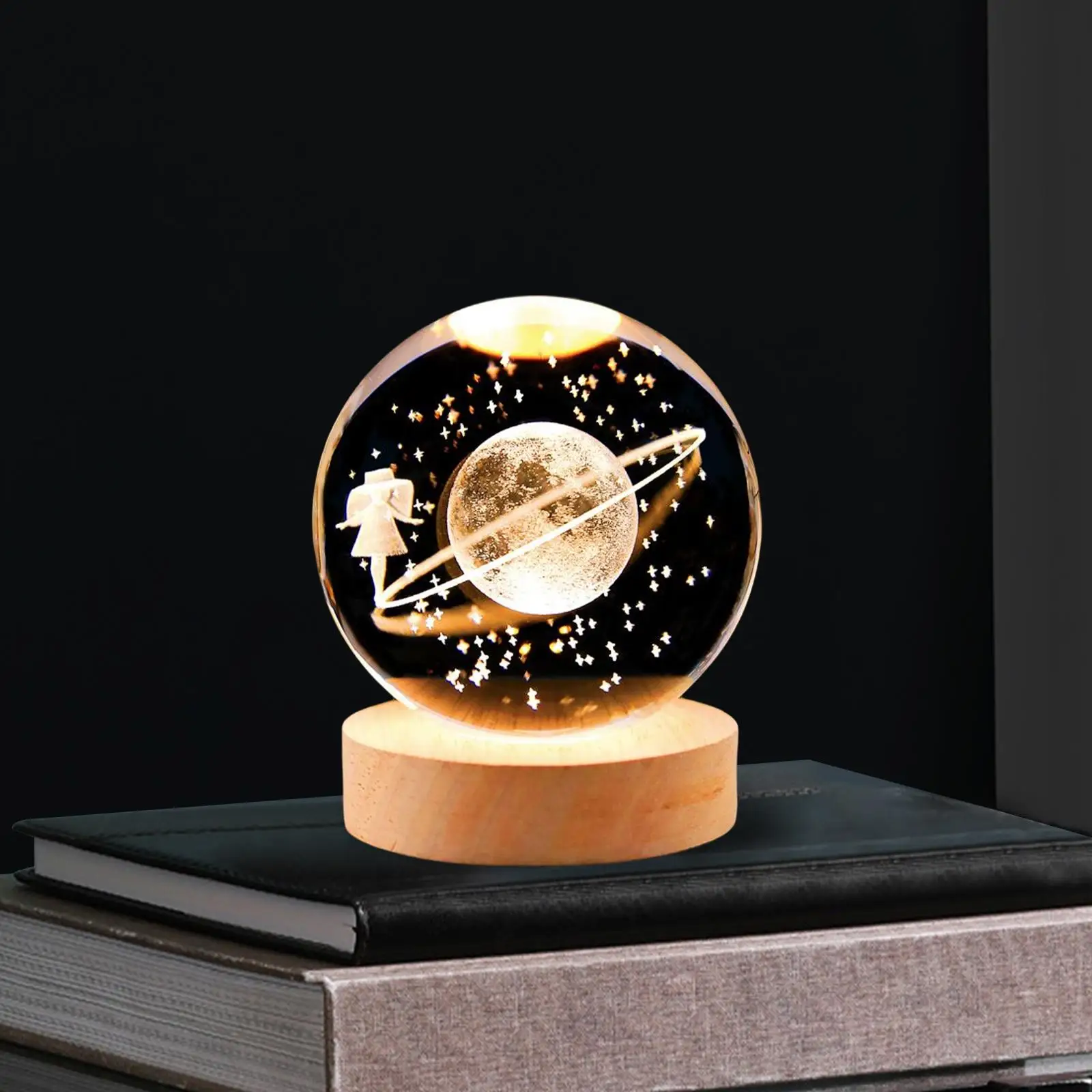 D Night Light with Wooden Base 6cm Decor Ornament Table Lamp Sphere Lamps for Christmas Anniversary Birthday Desk Living Room