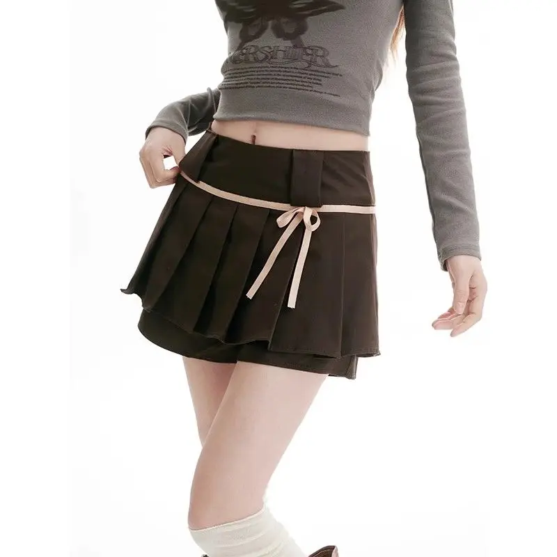 

Deeptown Sweet Bow Pleated Skirts Women Sexy Coquette Brown Skirt Shorts Kawaii Vintage Y2k A-line Solid Mini Skirts Aesthetics