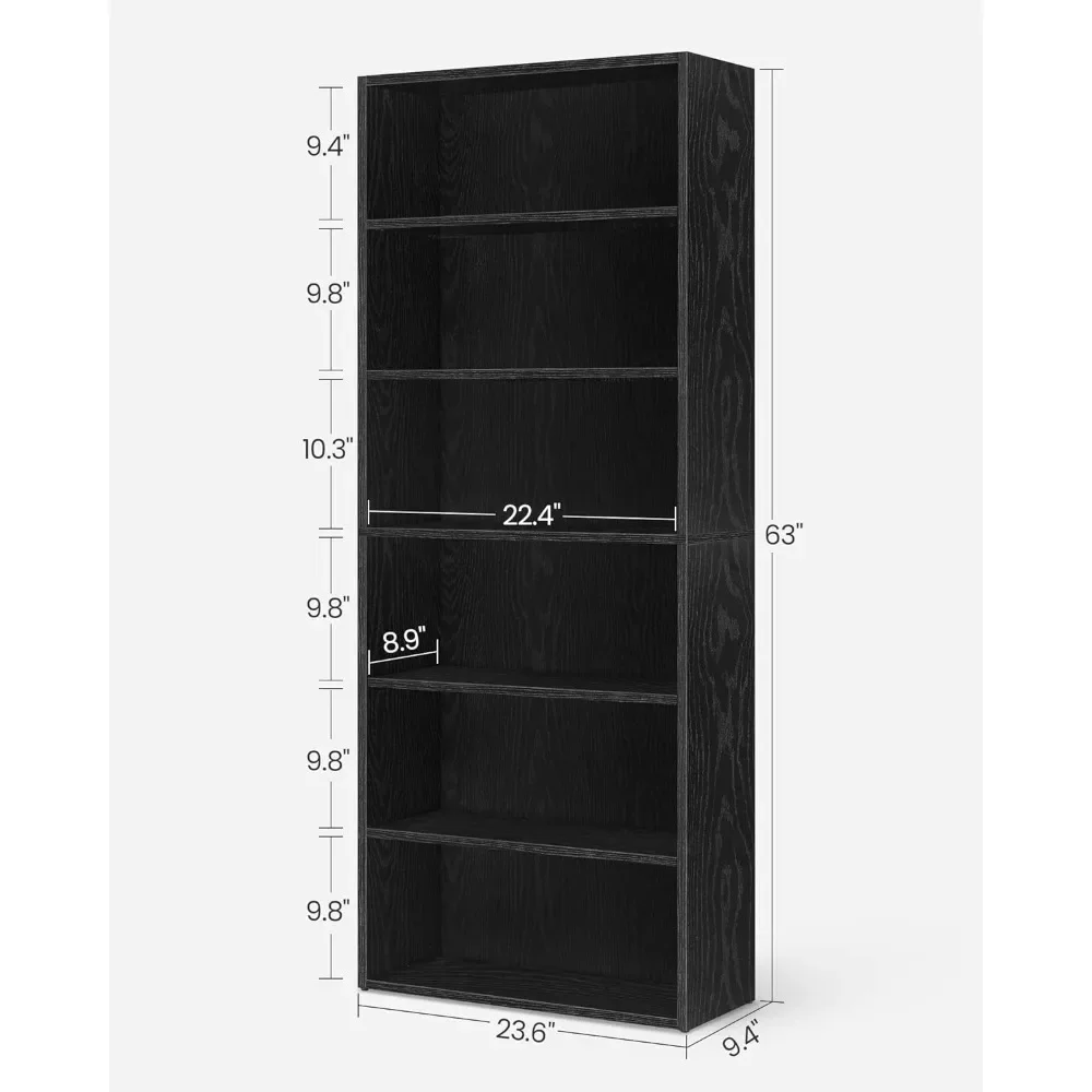 Bookshelf, 23.6 Inches Wide, 6-Tier Open Bookcase with Adjustable Storage Shelves, Floor Standing Unit, Ebony Black