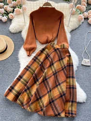 Women Vintage Two Piece Sets Autumn Winter Long Sleeve Pullover Knit Top + High Waist Plaid Long Skirt Orange Elegant Suits