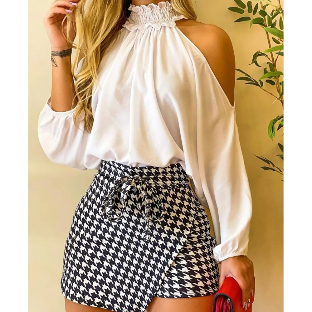 Elegant Office Skirt Sets for Women, Sexy Off Shoulder Sleeve Loose Shirts, Lace-up Mini Shorts, 2-Piece Suit, Autumn, 2023