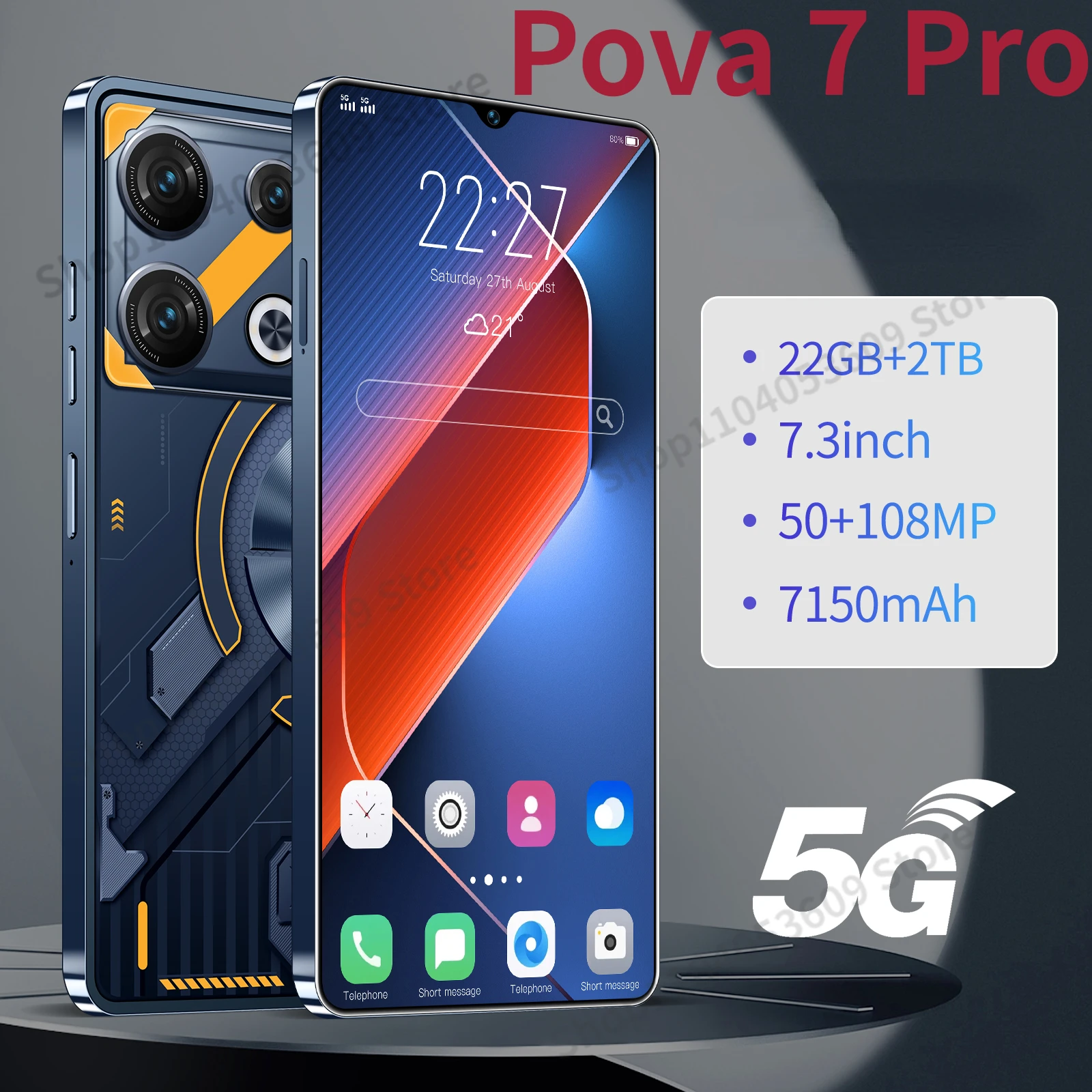 

5G Original Mobile Phone Pova 7 Pro Smartphone 7.3 HD Screen 16G+1T 7150Mah 108MP OTG Android13 Dual SIM Face Unlocked Cellphone