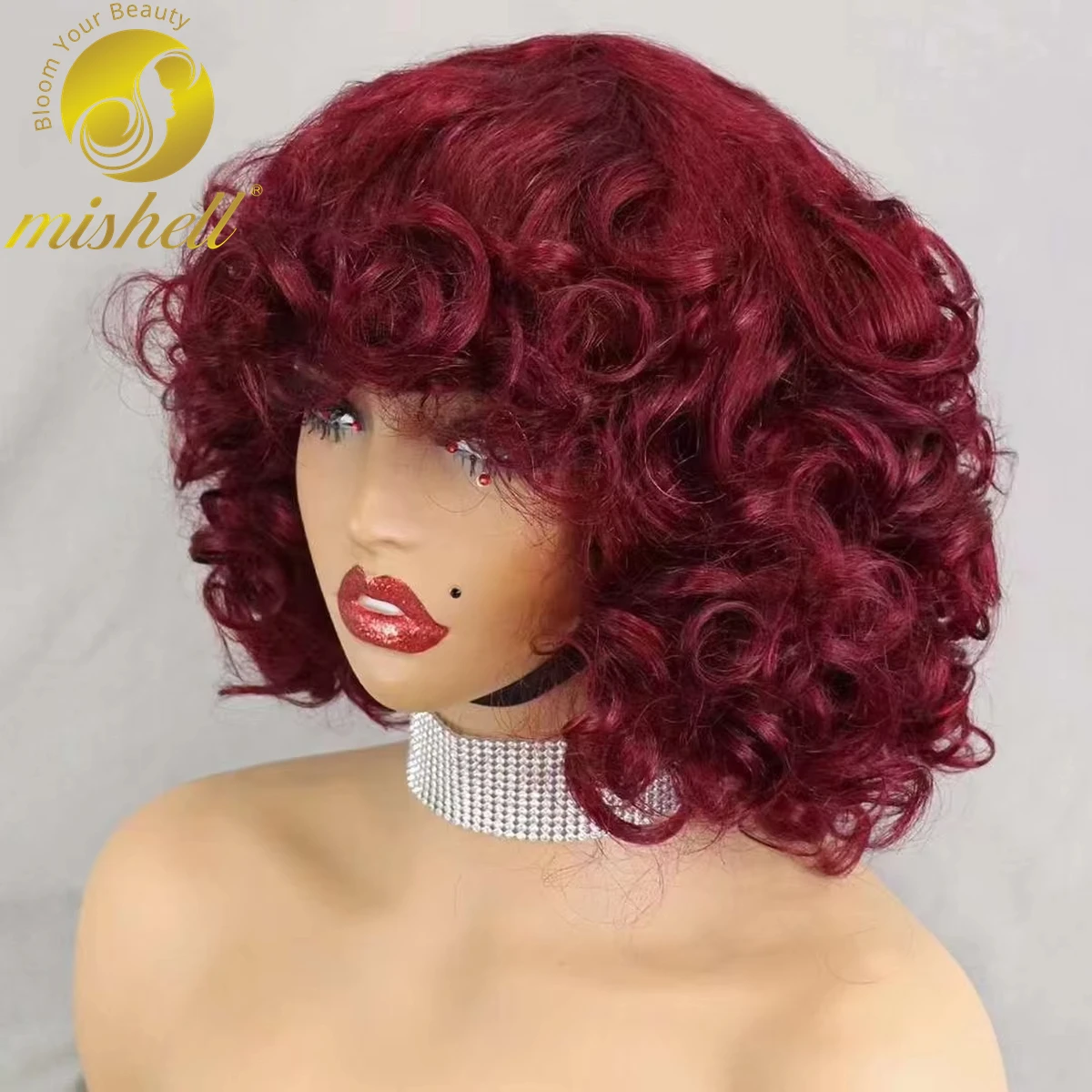 

200% Density Short 99J# Burgundy Bouncy Curly Human Hair Wigs with Bangs Machine Made Loose Curly Bob Wigs PrePlucked for Women