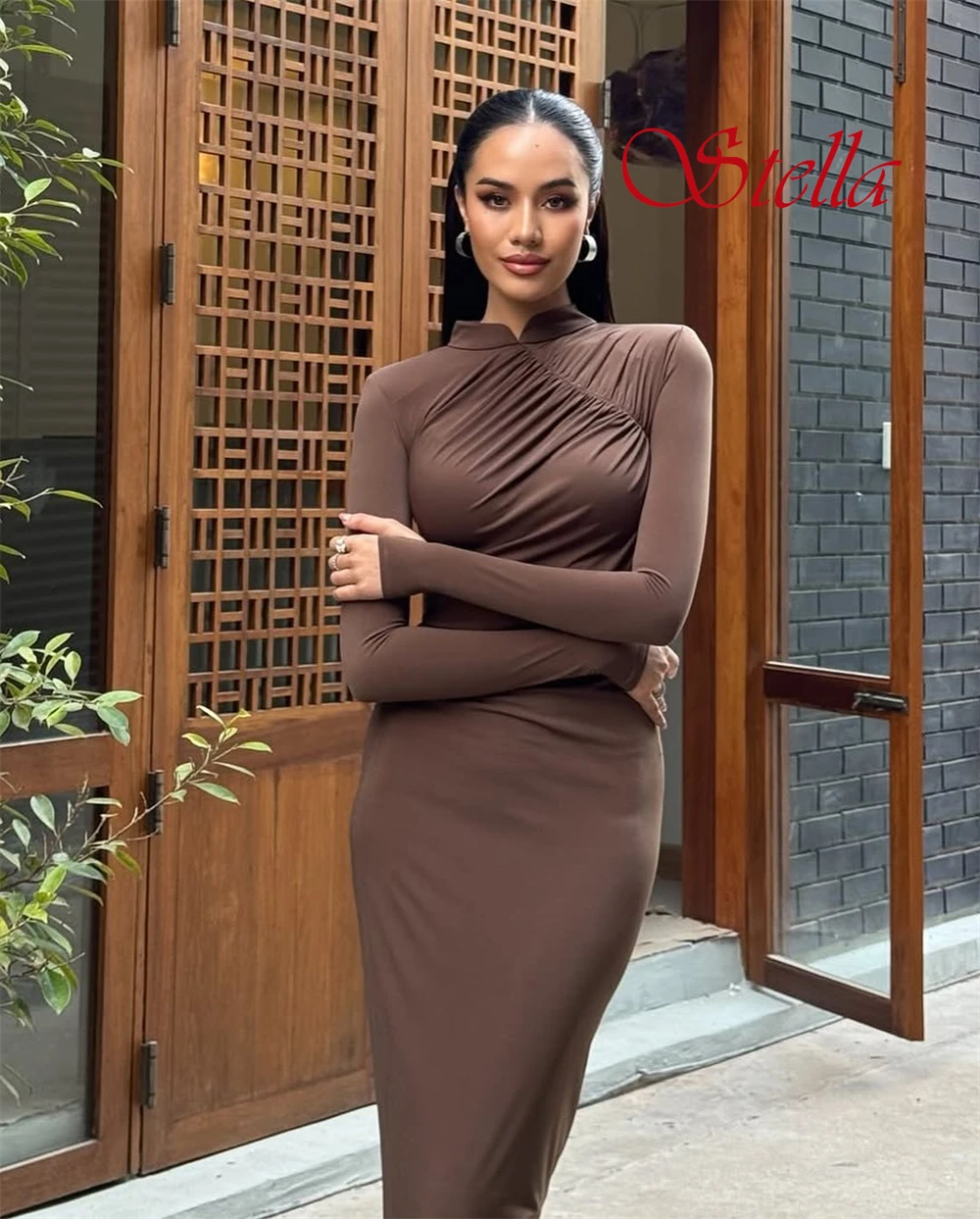 Robe de soirée en Jersey doux, personnalisée, Simple, col haut, manches longues, robes d'occasion sur mesure