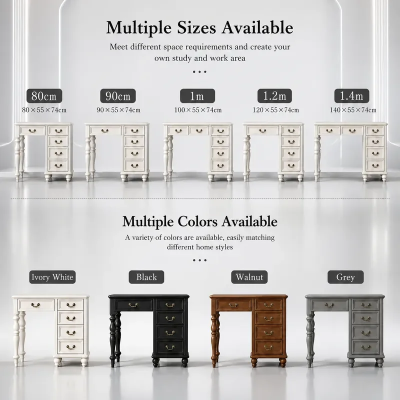 American Pure Solid Wood Side Cabinet for Home Bedroom Study Room White Student Computer Desk