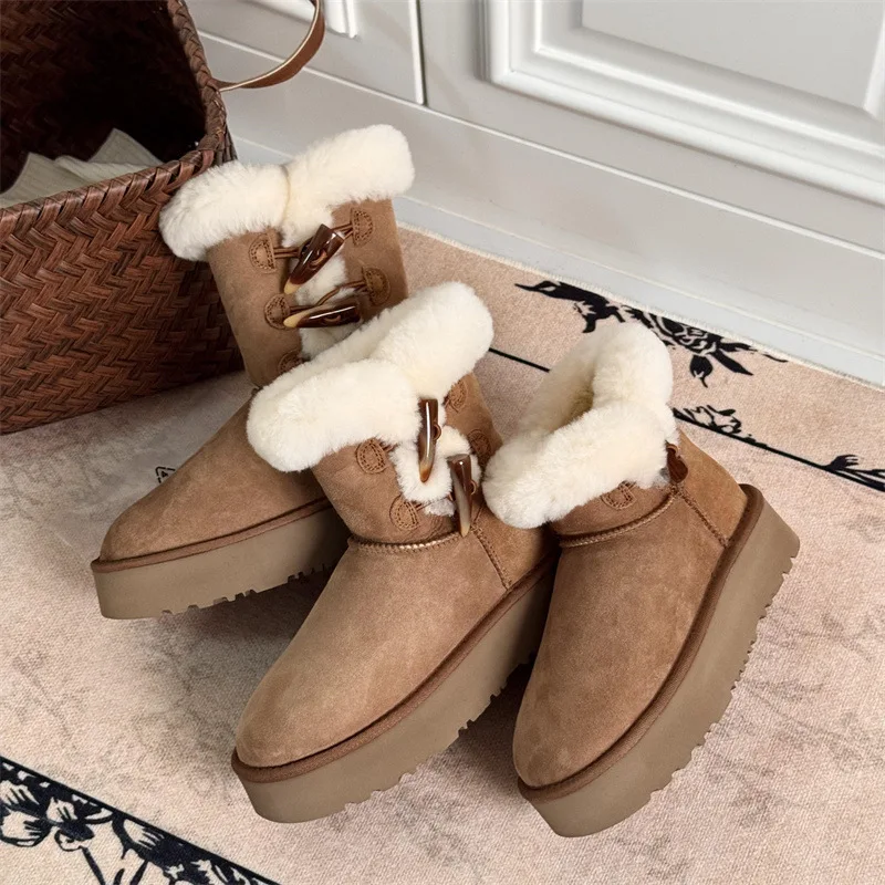 

Preppy Chunky Boots. Real Shearling & Horn Toggle Ties for Cozy, Classic Winter Style.