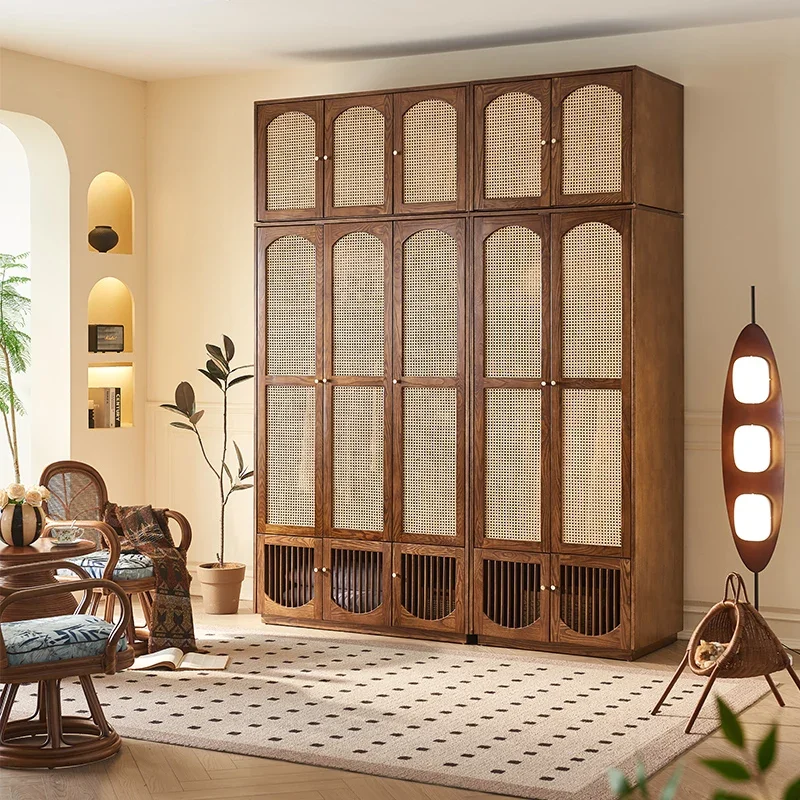 

Walnut solid wood wardrobe new Chinese home bedroom large capacity storage locker medieval rattan wardrobe