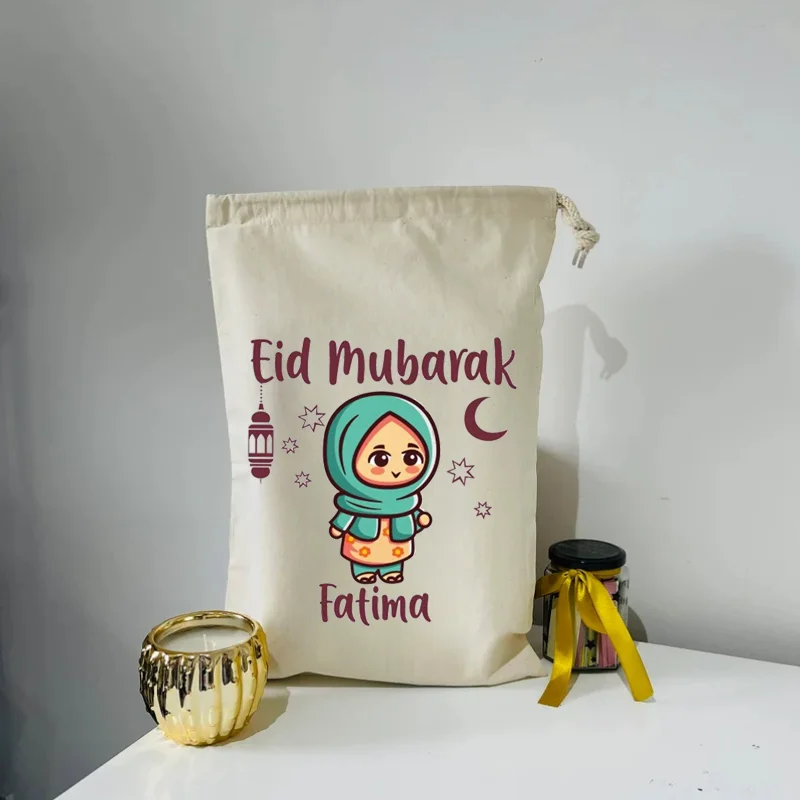 30X40CM Personalized Cotton Eid Ramadan Gift Bags for Kids Boys Girls Muslim Umrah Ramadan Decor 2025 Islamic Iftar Favor item