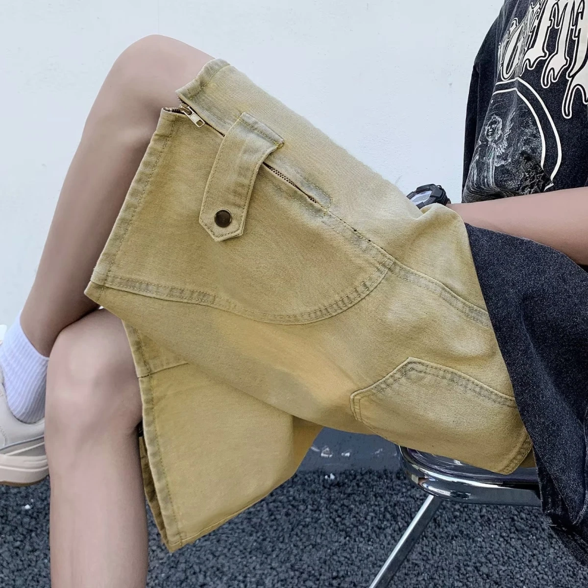 

American Sle Men's ort Jeans Summer Trendy Design Workwear Five-Quarter Loose Straight Leg Casual Jeans Youth ular